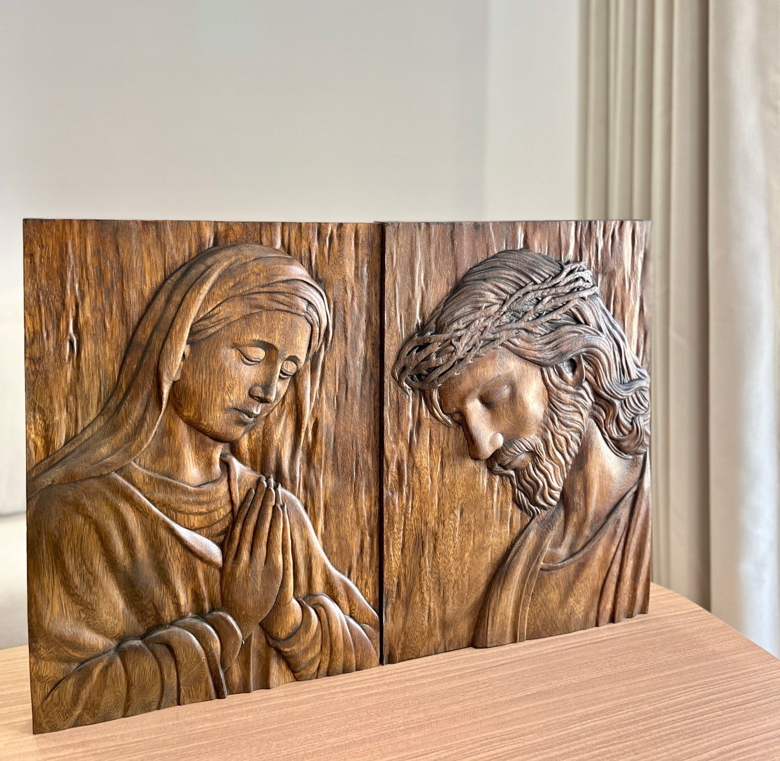 Hand Carved Wooden Jesus and Mary Wall Art, Religious Home Decor, Christian Prayer Plaque, Catholic Gift, Sacred Relief Panel